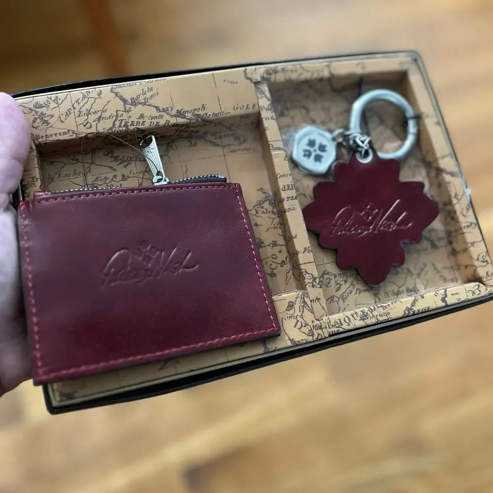 Patricia Nash New Leather ID Card Wallet & Key Chain Set Red Berry Color